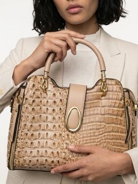 SHEIN Beige Croc-Embossed Top Handle Satchel with Gold Hardware